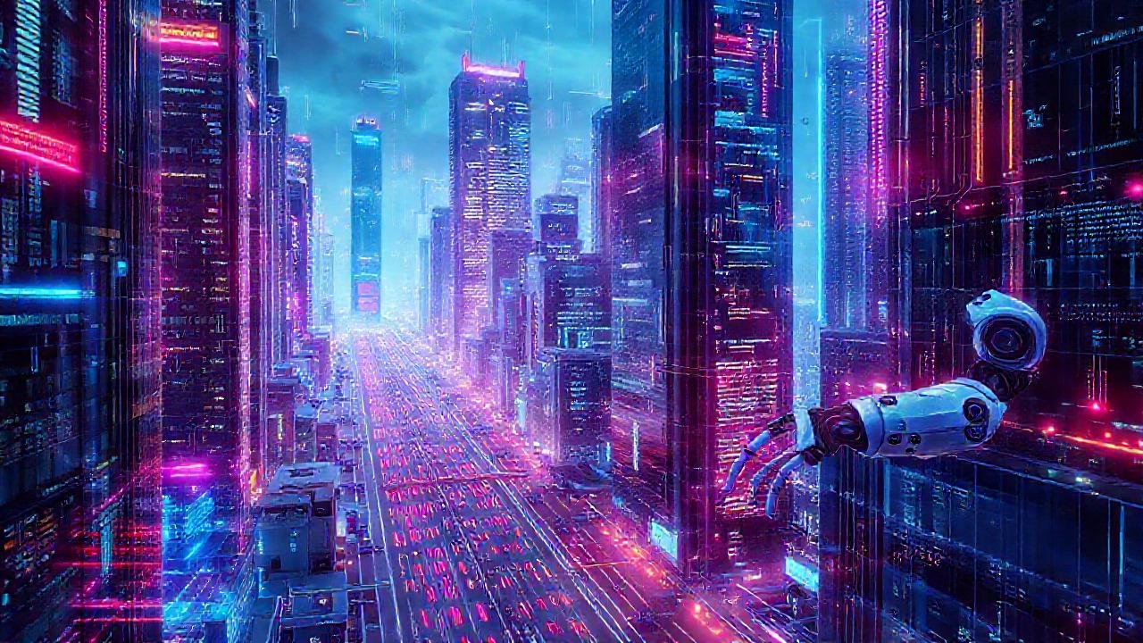 Ciudad futurista con blockchain y robots