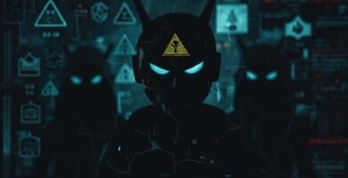 Un android digital se desmorona en sombras