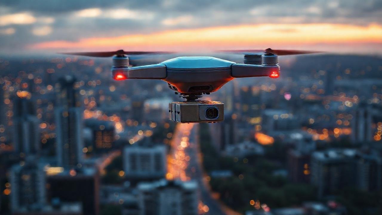 Drones entregando paquetes en ciudad futurista
