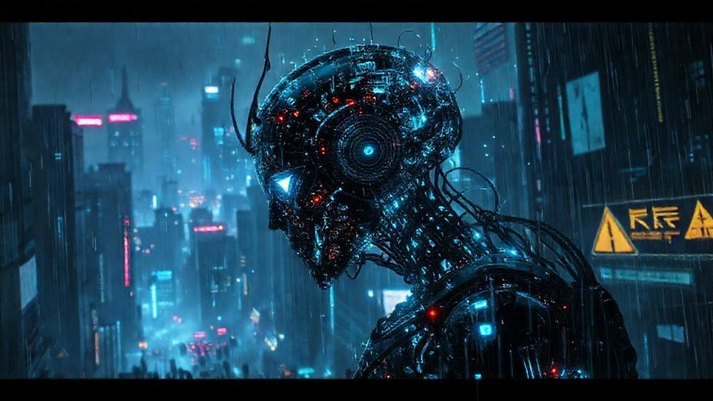 Un androide cibernético en una ciudad oscura