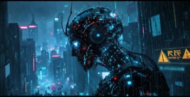 Un androide cibernético en una ciudad oscura
