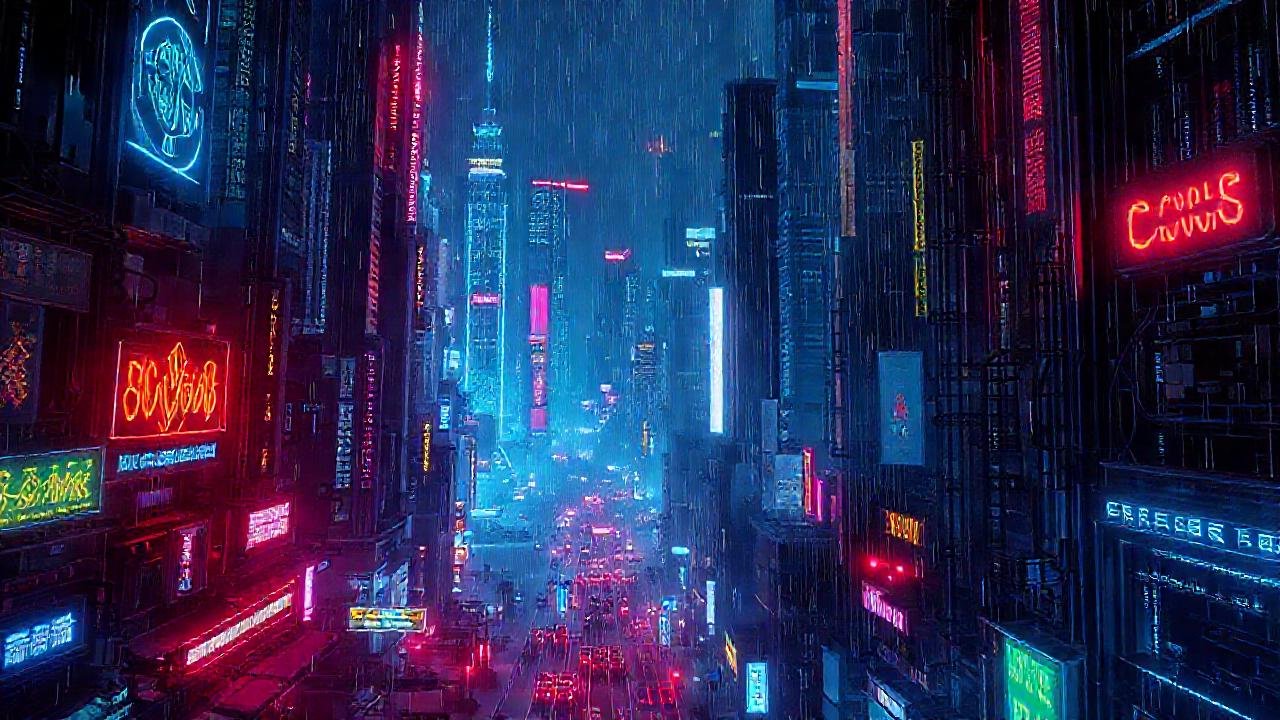 Ciudad cyberpunk digital, oscura y compleja