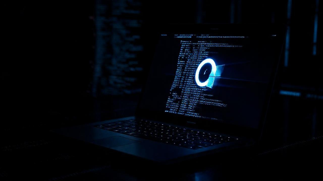 Laptop futurista, oscura y misteriosa