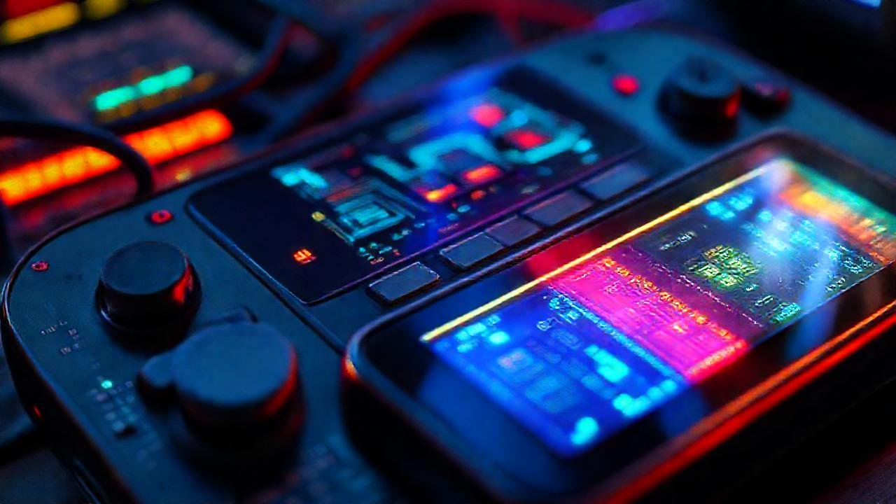 Una consola retro digital, vibrante y futurista