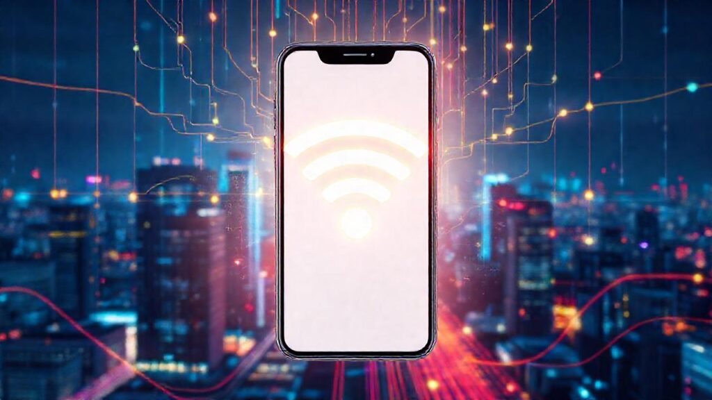 Smartphone emite datos digitales en la ciudad