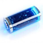 Batería futurista azul irradia energía brillante