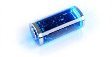 Batería futurista azul irradia energía brillante