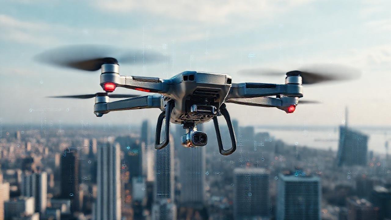 Dron profesional sobre ciudad digital