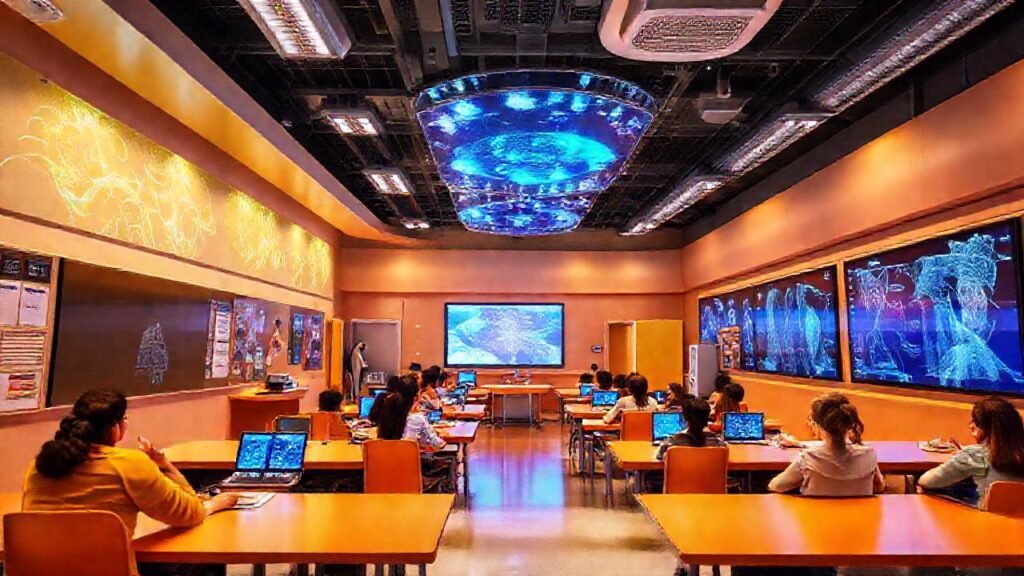 Aula futurista: aprendizaje digital sostenible y brillante