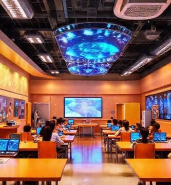 Aula futurista: aprendizaje digital sostenible y brillante