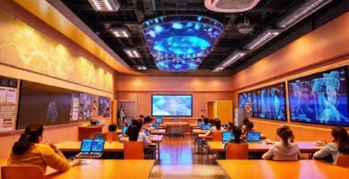 Aula futurista: aprendizaje digital sostenible y brillante