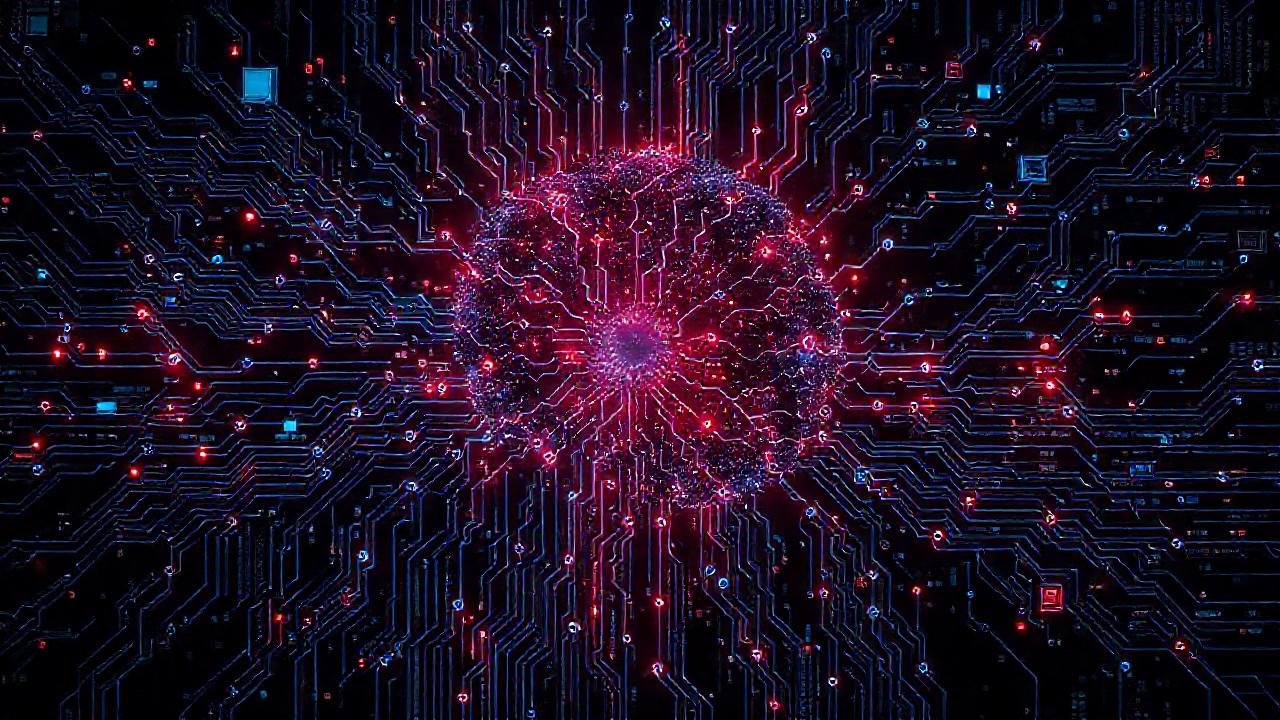 Red neuronal futurista, decadencia digital y advertencia