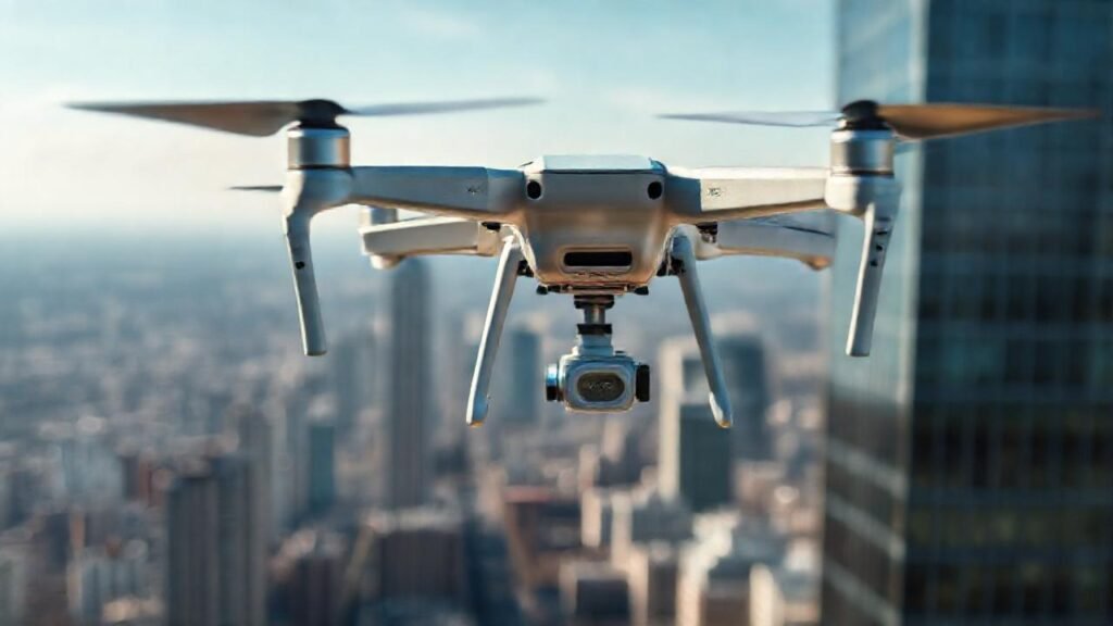 Dron futurista observa la ciudad