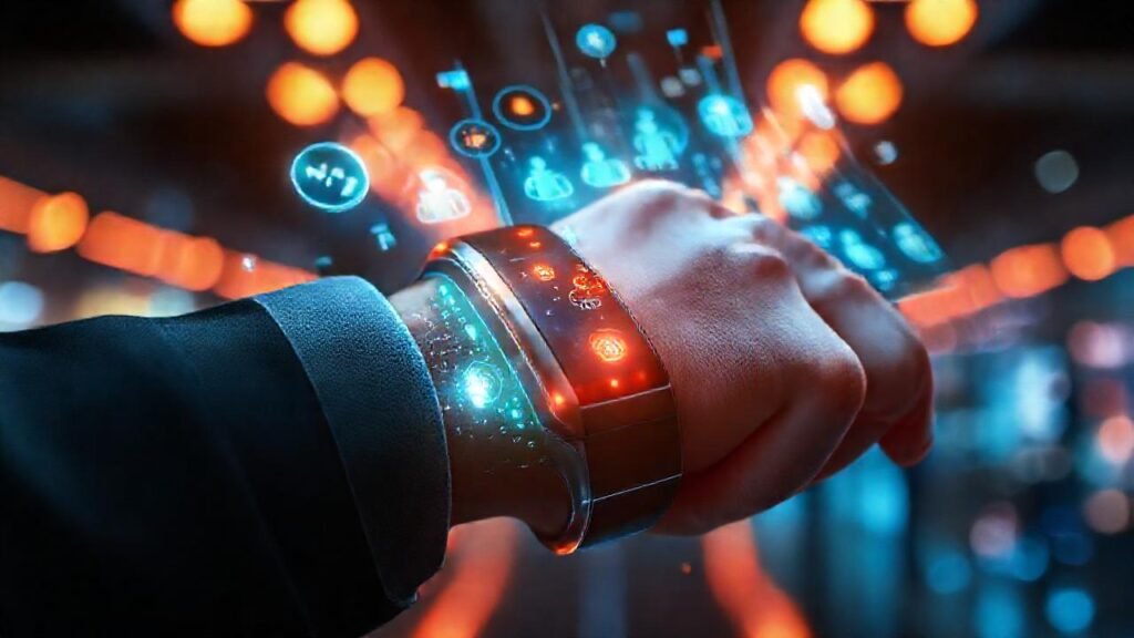 Un brazalete futurista muestra interfaces holográficas brillantes