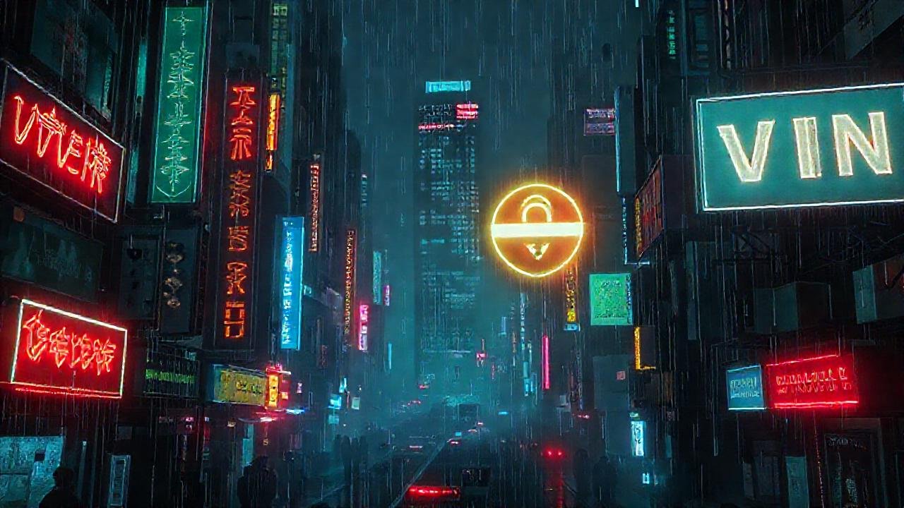 Ciudad cyberpunk oscura, tecnología digital y secretos