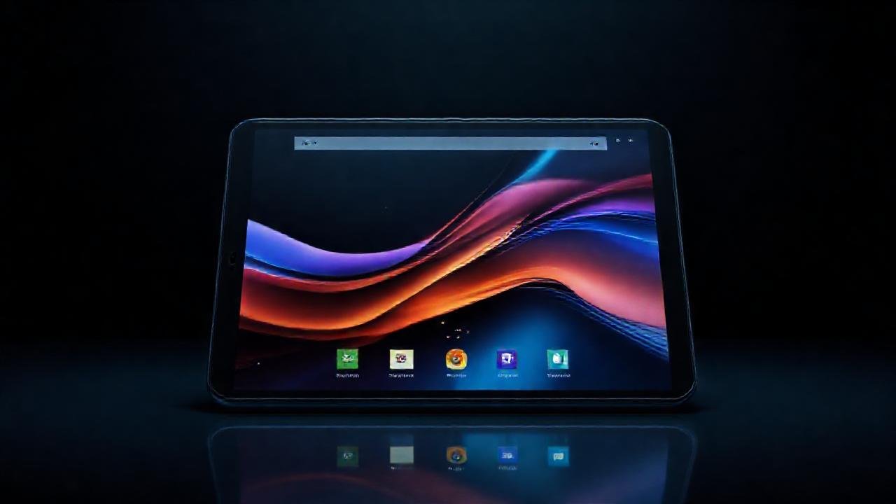 Tableta Android futurista, interfaz minimalista y brillante