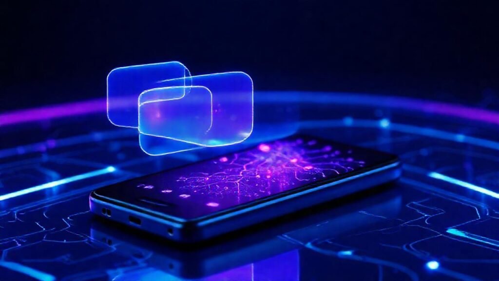 Interfaz futurista azul y púrpura brillante