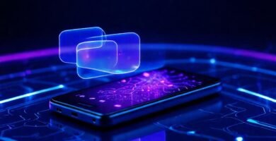 Interfaz futurista azul y púrpura brillante