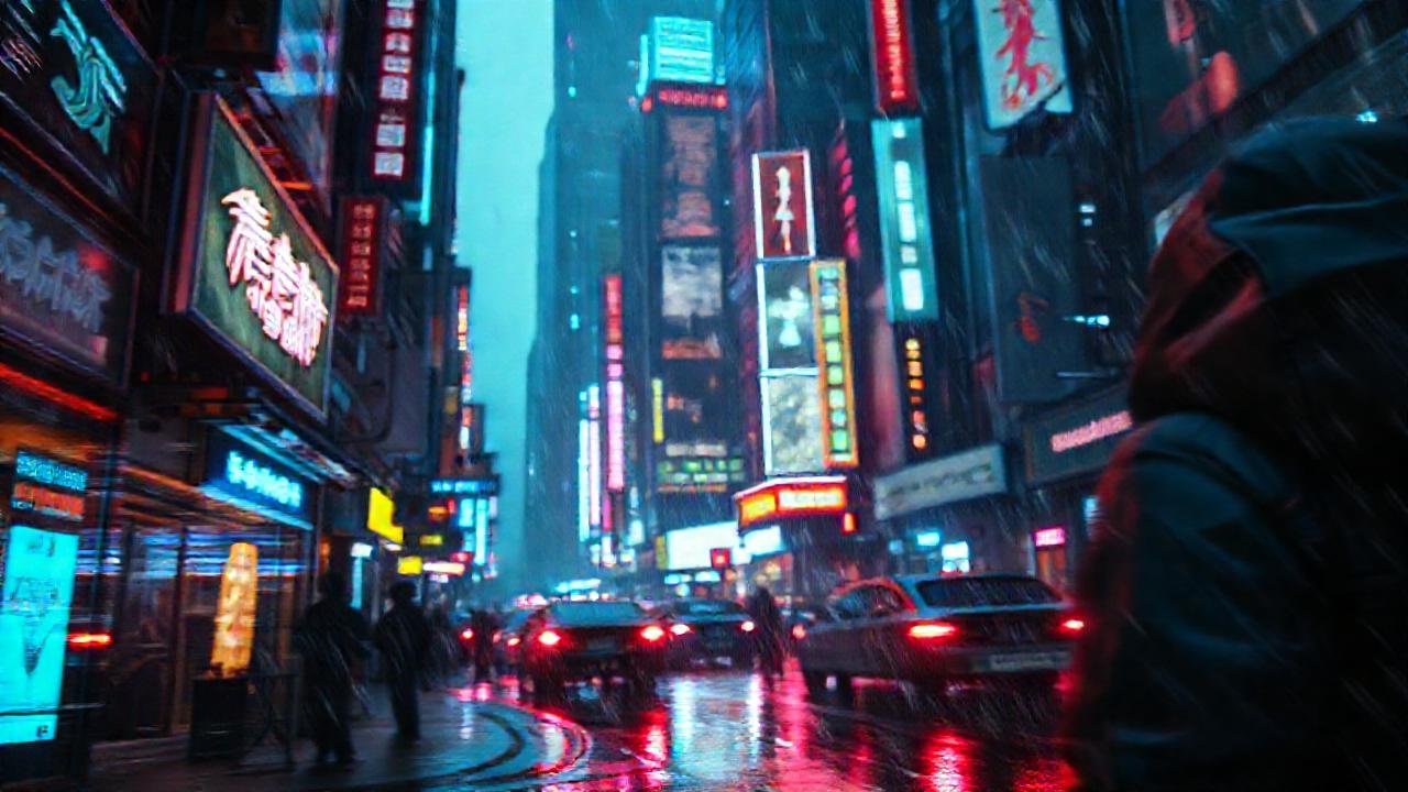 Ciudad cyberpunk futurista, brillante y lluviosa