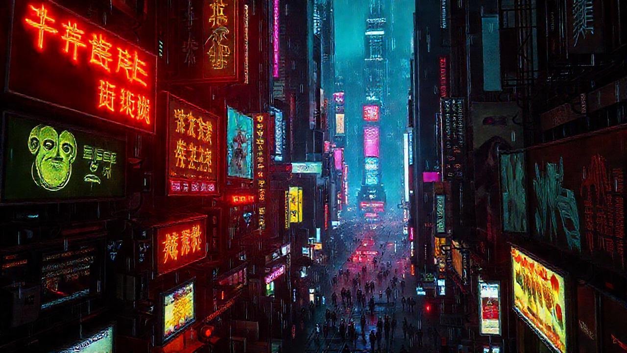 Ciudad cyberpunk digital, oscura y agitada