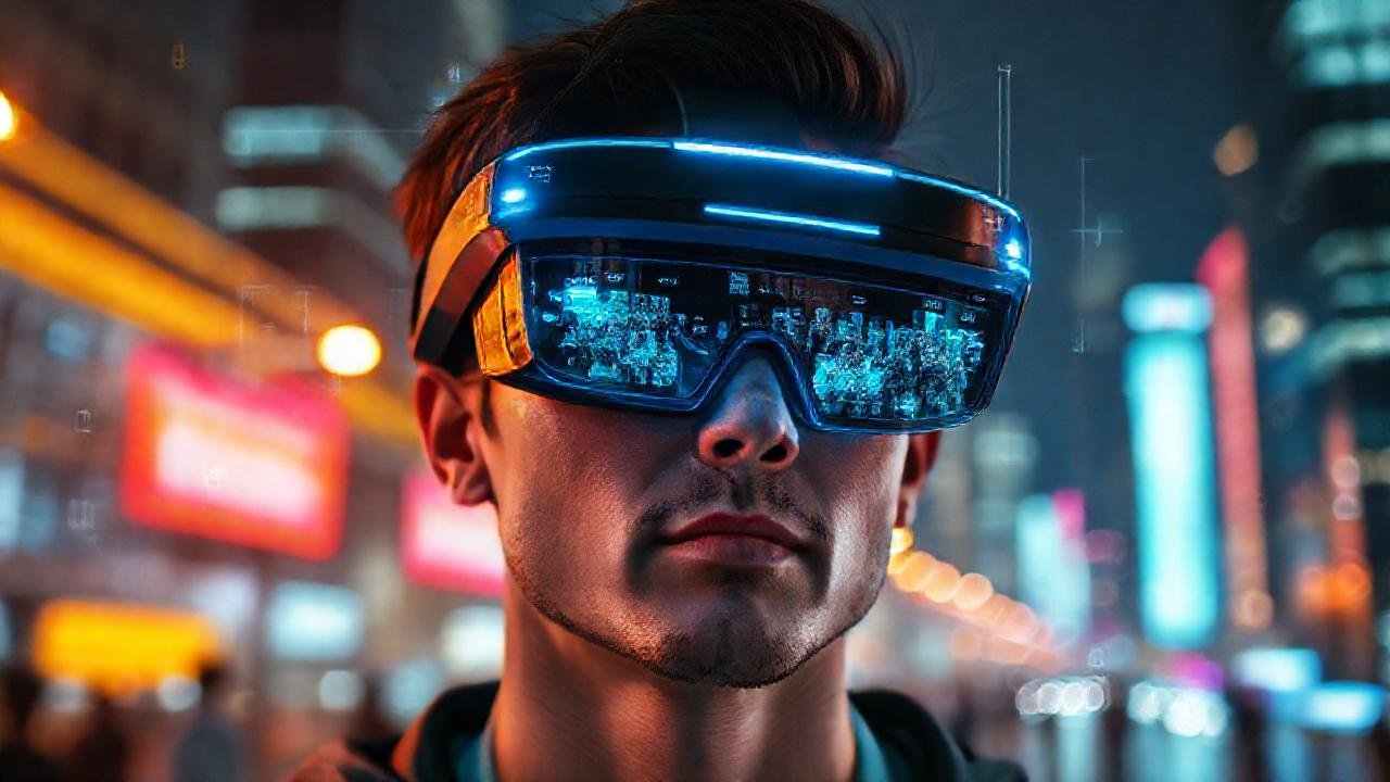 Gafas futuristas proyectan realidad aumentada brillante