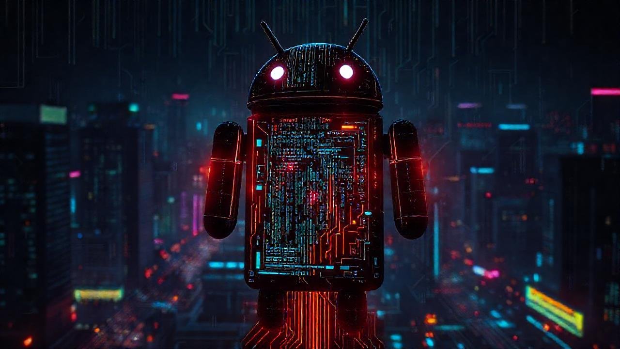 Un androide cyberpunk visualmente complejo y futurista
