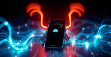 Tecnología digital fluye con colores vibrantes