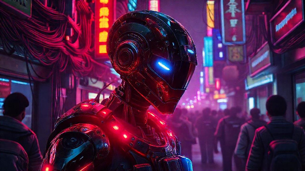 Android cibernético brilla en la ciudad