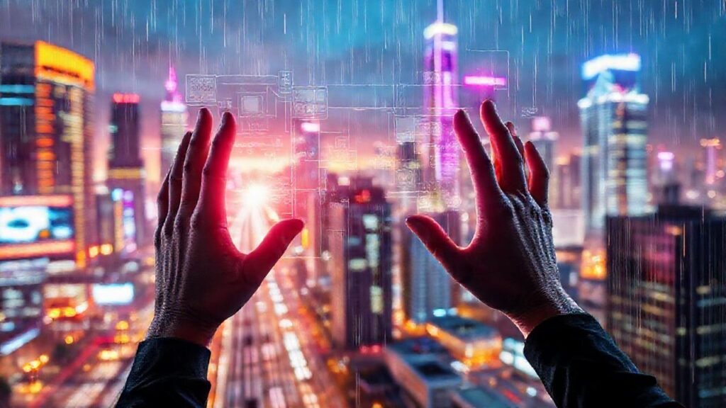 Ciudad futurista digital con realidad aumentada