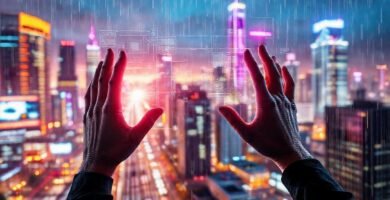 Ciudad futurista digital con realidad aumentada