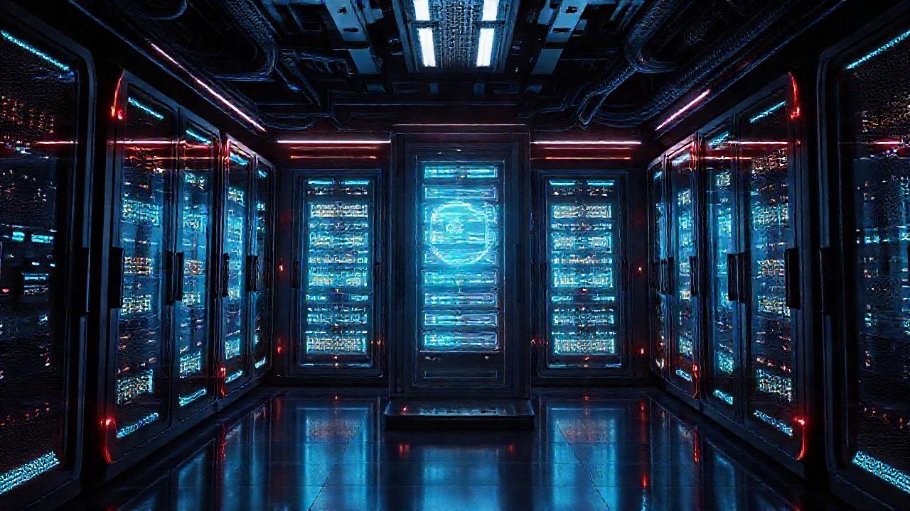 Una sala de servidores futurista y oscura