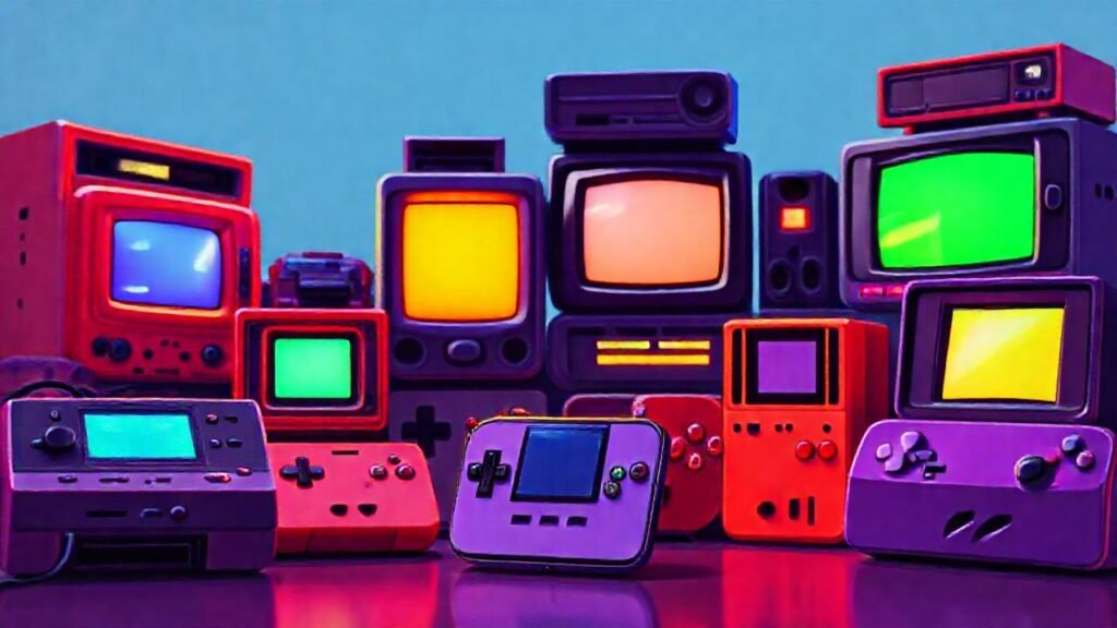 Tecnología retro con colores vibrantes y pixel art