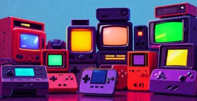 Tecnología retro con colores vibrantes y pixel art