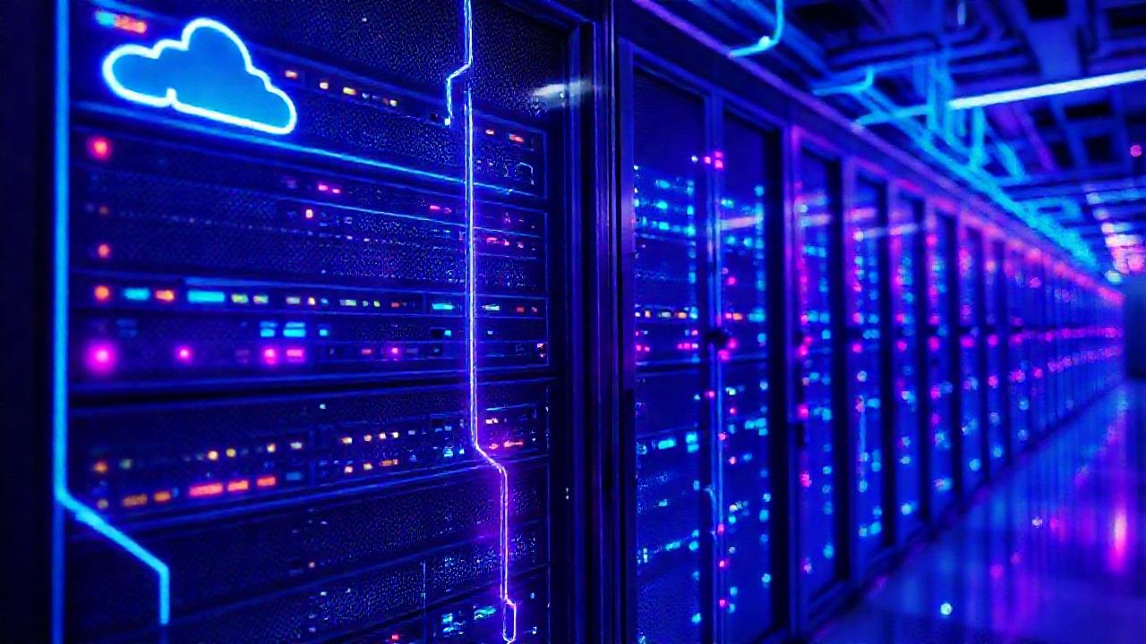 Servidor futurista emite datos digitales brillantes