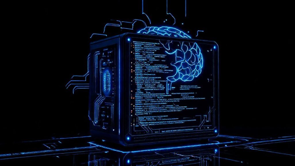 PC futurista azul: código y mente