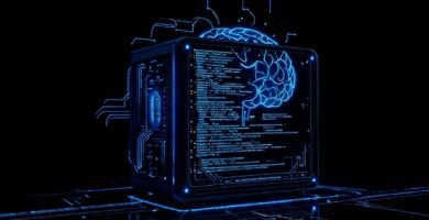 PC futurista azul: código y mente