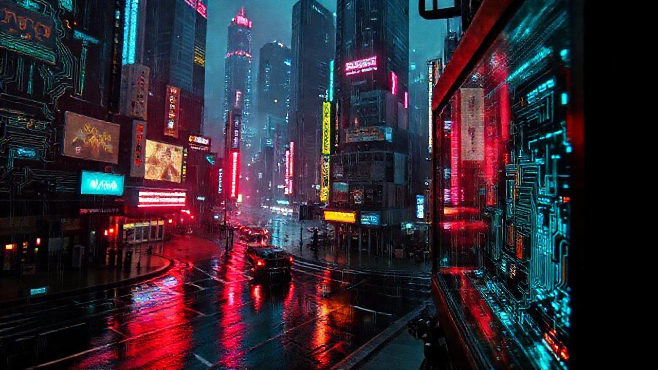 Ciudad cyberpunk futurista, oscura y lluviosa