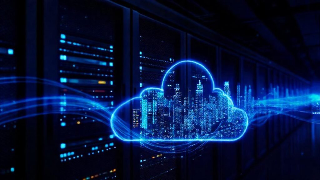 Servidor futurista emite datos azules brillantes