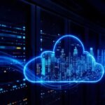 Servidor futurista emite datos azules brillantes