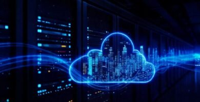 Servidor futurista emite datos azules brillantes