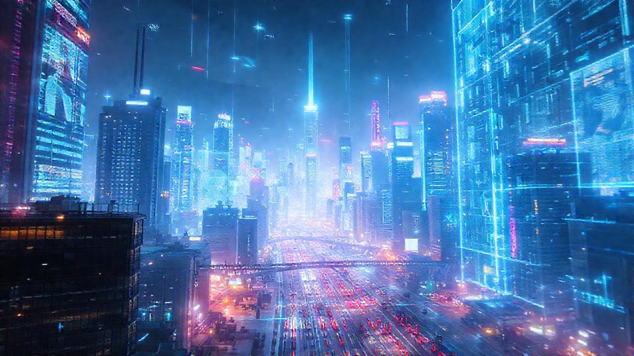 Ciudad futurista holográfica, rica en detalles