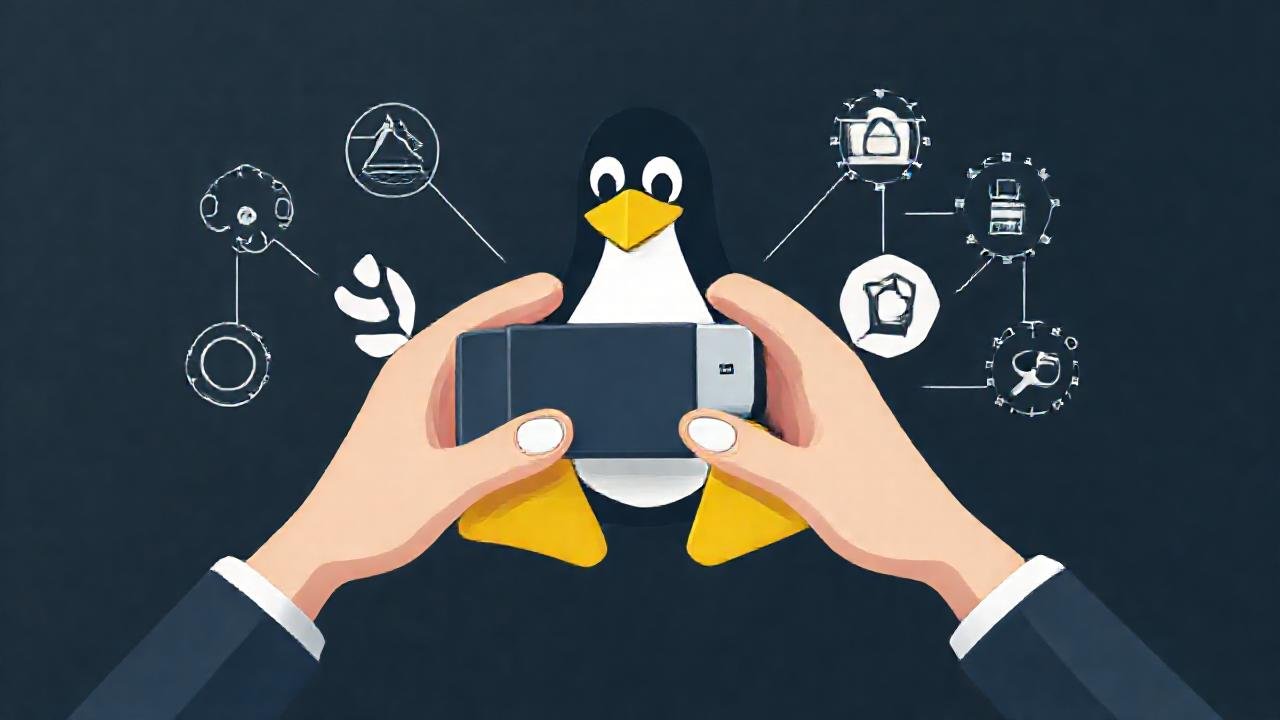 Linux: ilustración técnica, diseño oscuro, código abierto