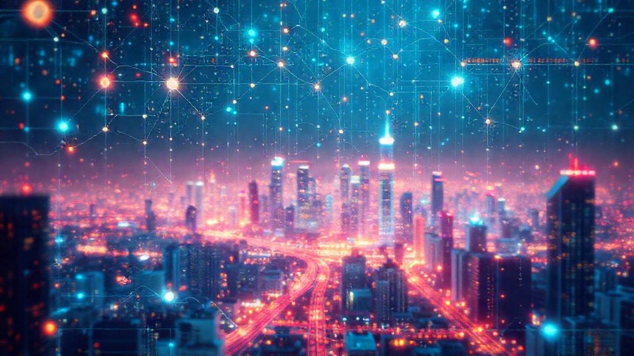 Redes neuronales brillantes en ciudad digital