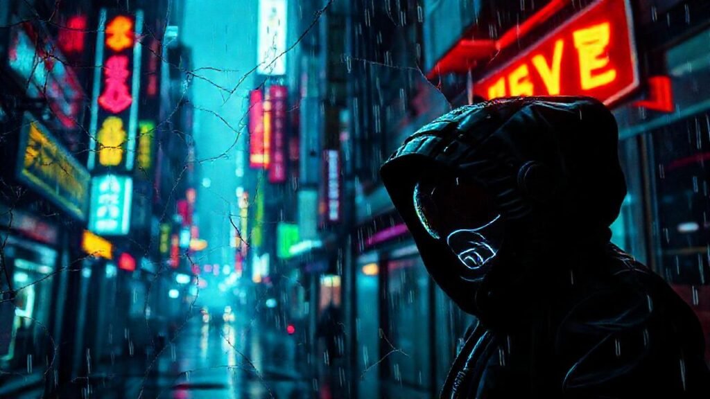 Ciudad cyberpunk digitalmente distorsionada y oscura