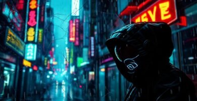 Ciudad cyberpunk digitalmente distorsionada y oscura