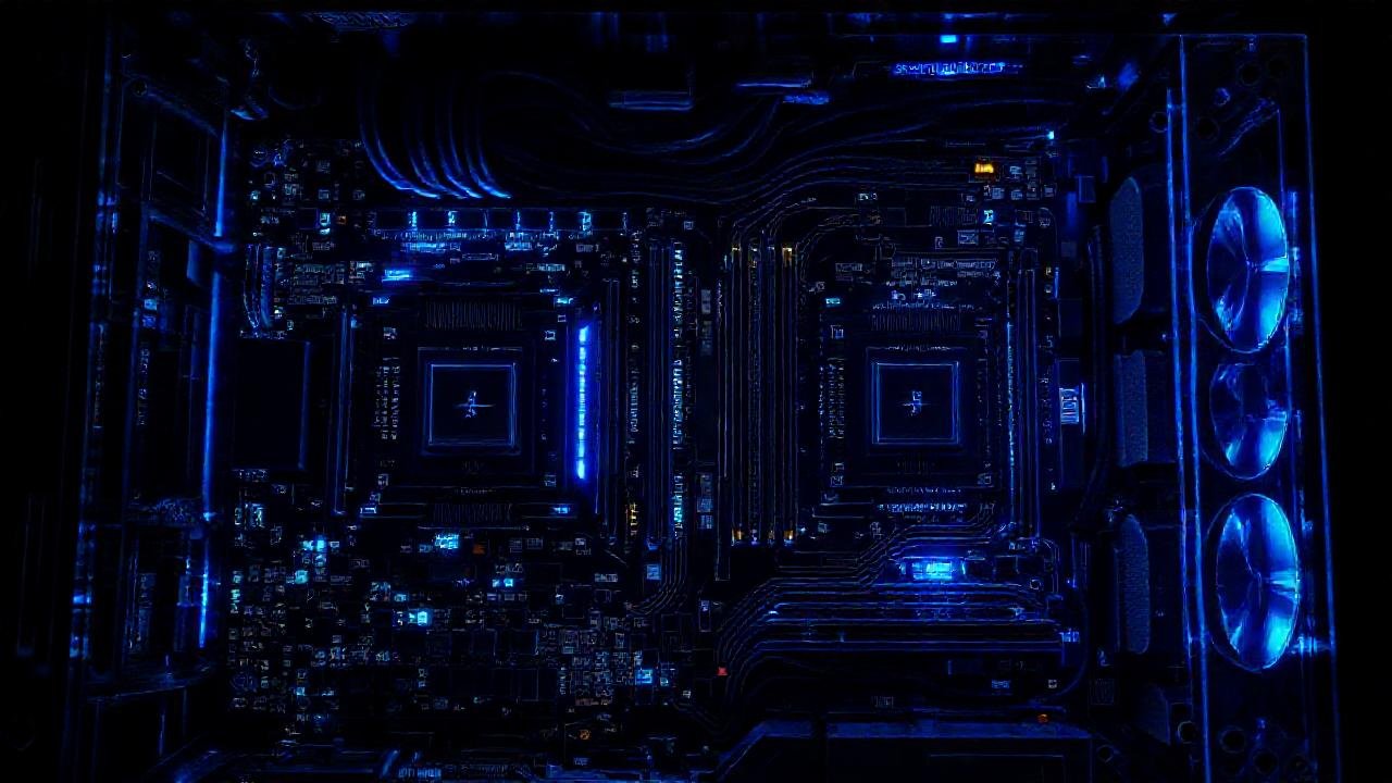 Computadora futurista compleja y azulada