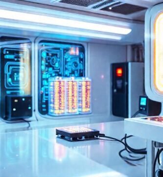 Laboratorio futurista de baterías brillantes y dinámico