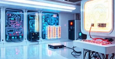 Laboratorio futurista de baterías brillantes y dinámico