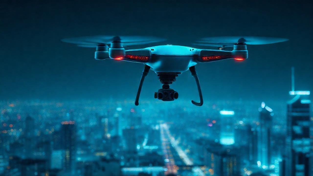 Drones nocturnos transmiten datos urbanos futuristas