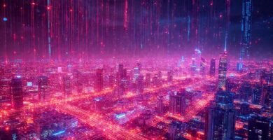 Blockchain futurista protege datos digitales brillantes